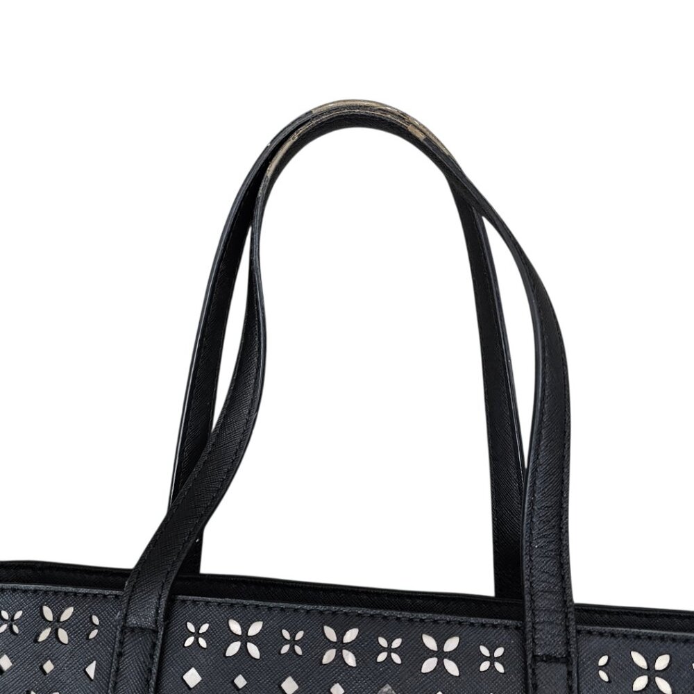 Michael Kors Hayley Tote Laser-cut Leather Medium Black And Silver Handbag COA - Picture 14 of 15